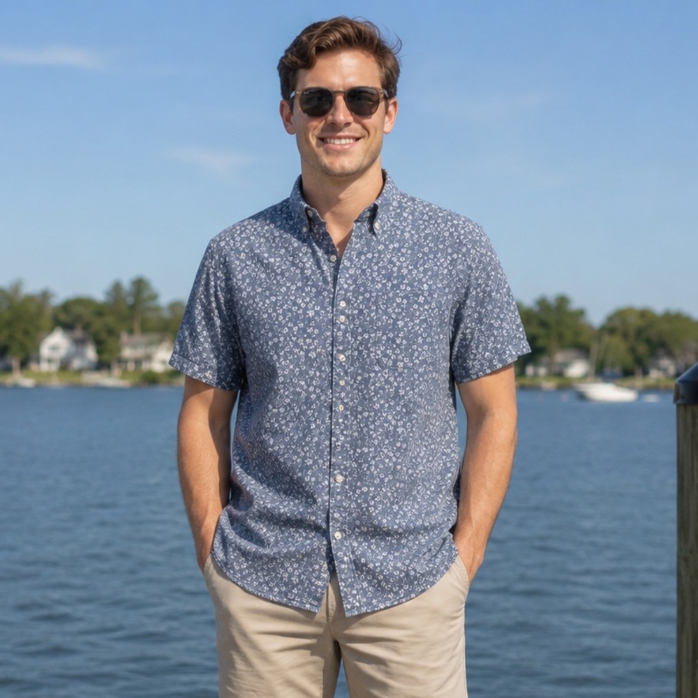 BONOBOS Shirt Men L Slim Fit Short Sleeve Floral Casual Preppy Cotton Resort